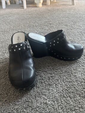 Harley Davidson Black Studded Leather Wedge Clogs